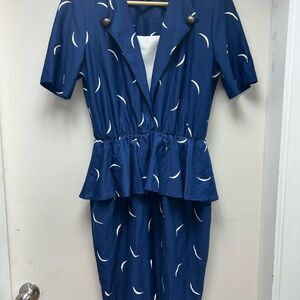 Genuine 80s Vintage Navy Crescent Peplum Dress S/M